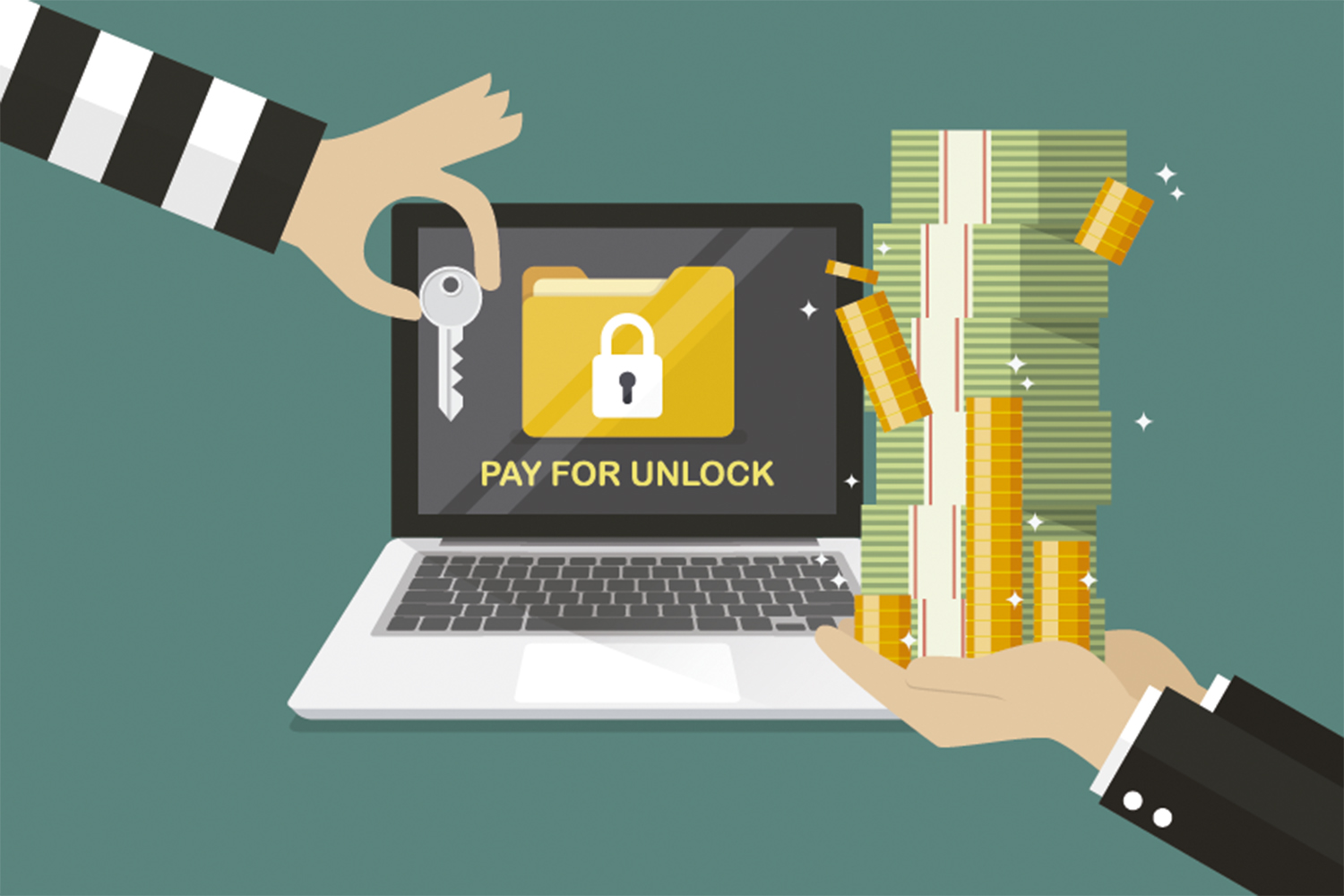 Businessman hand holding banknote for paying the key from hacker for unlock laptop got ransomware malware virus computer. Vector illustration